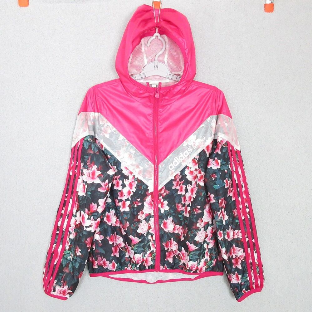 Adidas Neo Windbreaker Jacket Womens S Floral Pink Hooded Full‎ Zip Lightweight